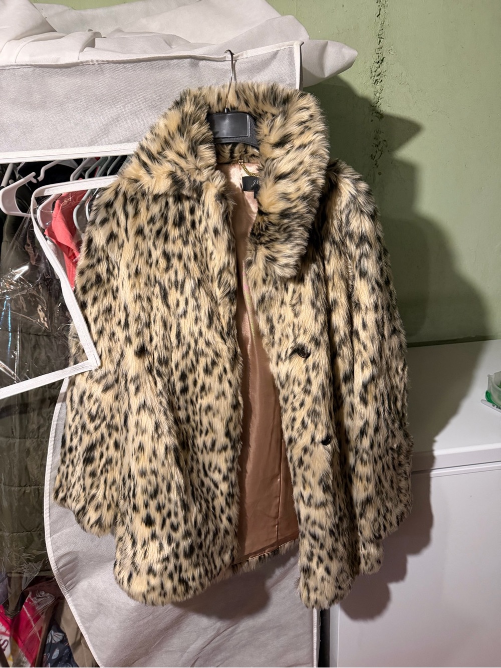 J. Crew Faux Leopard Print Fur Coat in Tan and Black - Picture 3 of 4